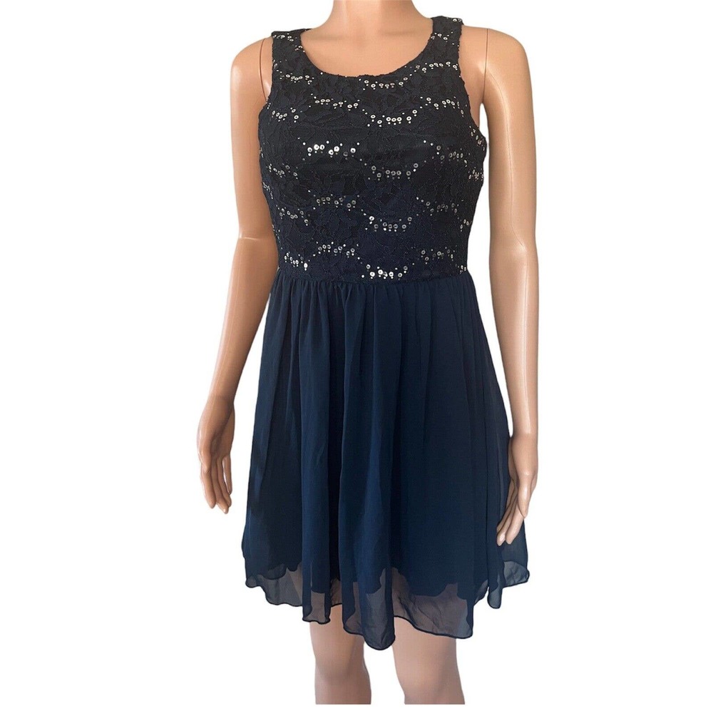 NWT Speechless Dress Women Juniors Size 7 Midnight Blue Lace Sequins Sleeveless